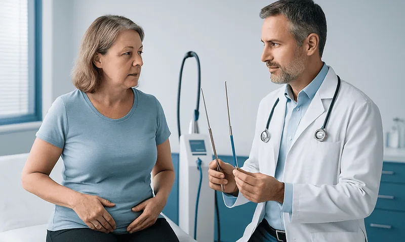 Doctor consulting with middle-aged woman in a medical clinic setting.