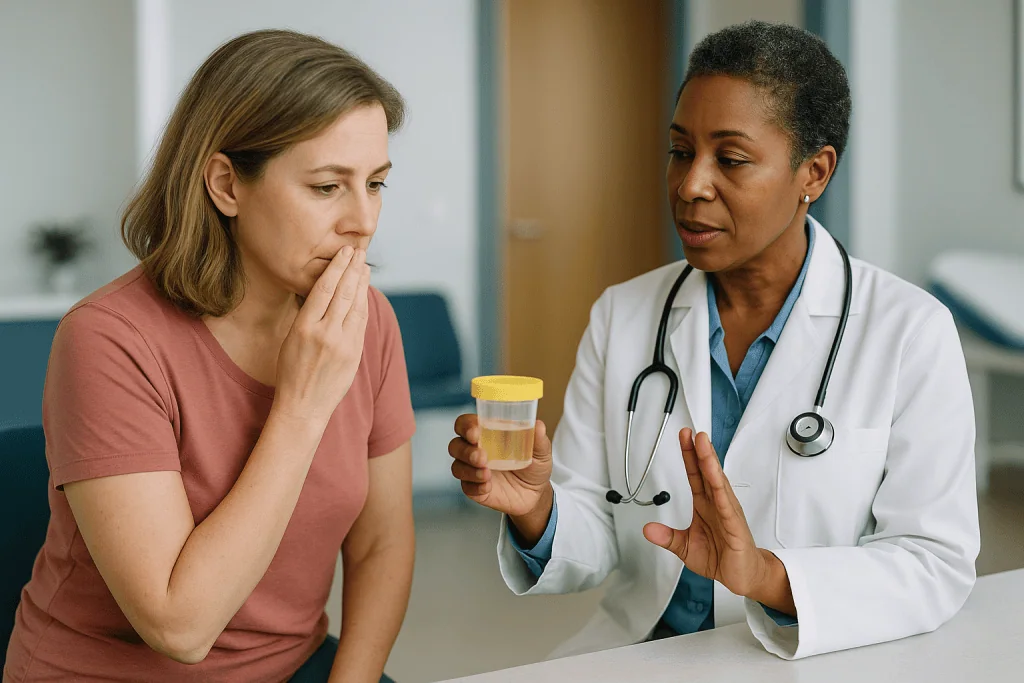Doctor discussing urine sample test with patient: Clean catch urine sample: what should you not do before a UTI test?