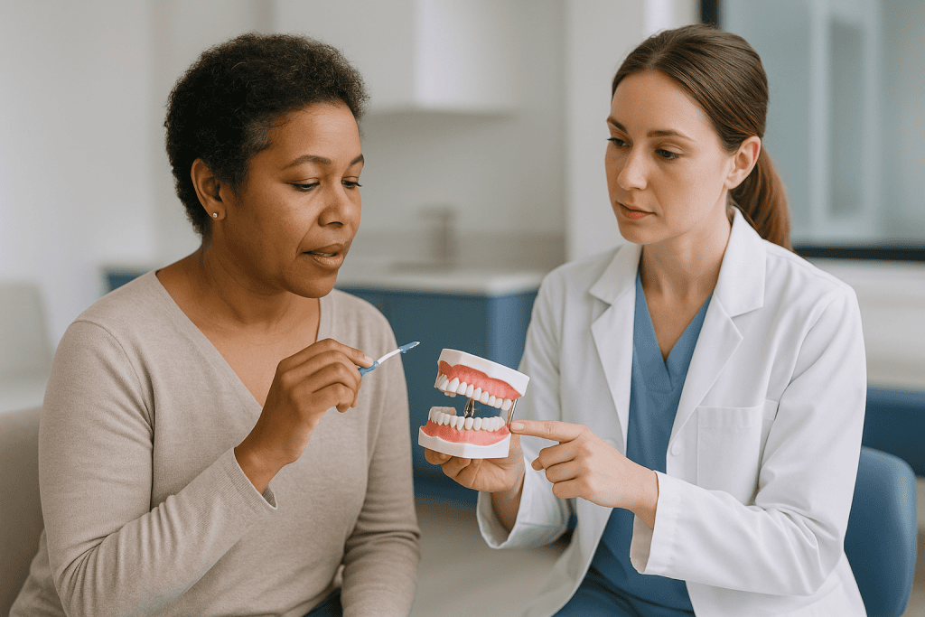Dentist explaining dental implant model to patient: Cleaning dental implants: which tools genuinely reach where plaque hides