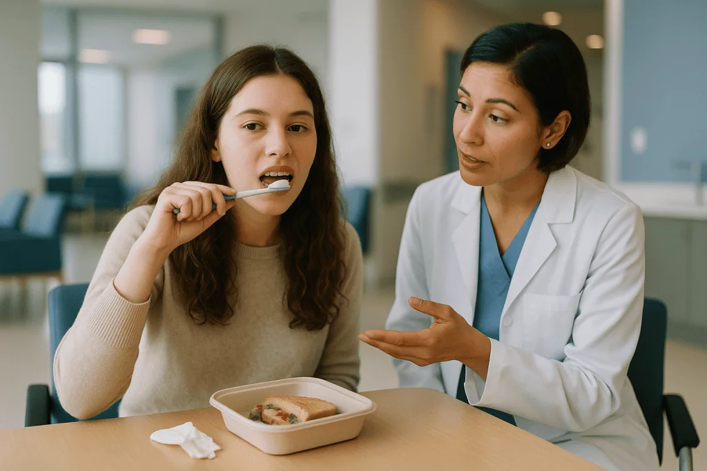 Healthcare professional consulting patient during meal consumption: Cleaning teeth with braces after meals and away from hom