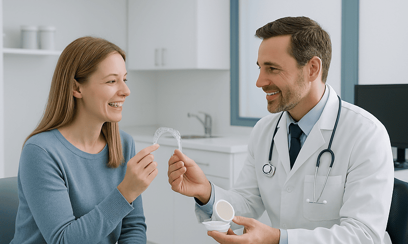 Dentist showing clear aligners to a smiling female patient in a clinic.