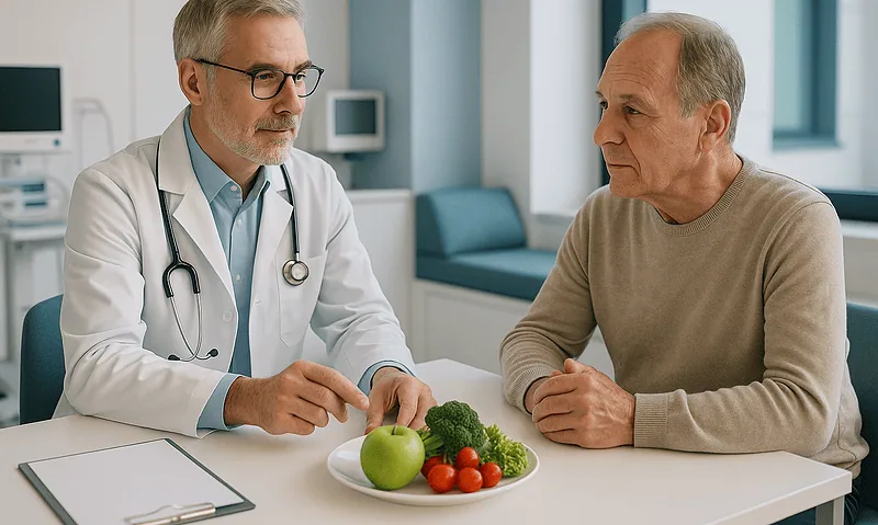 Doctor consulting with elderly patient about healthy diet options.