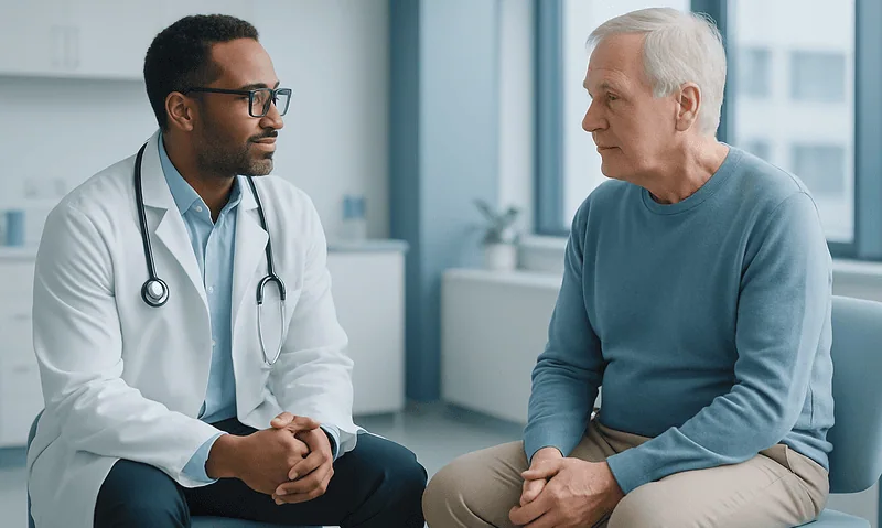 Doctor consulting with an elderly patient in a modern clinic setting.