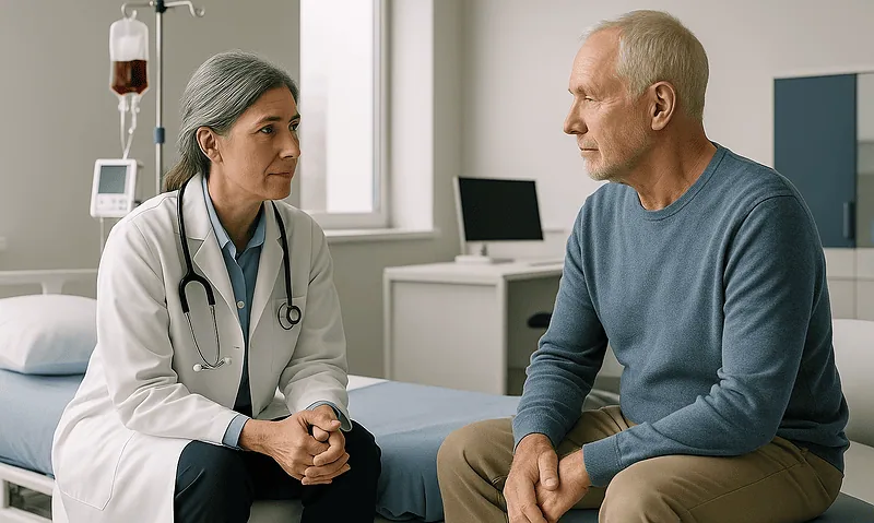 Doctor consulting with an elderly male patient in a hospital room.