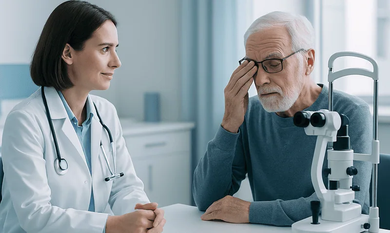 Ophthalmologist consulting elderly patient with eye discomfort.
