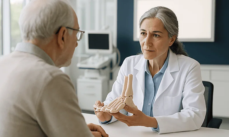 Doctor explaining clubfoot treatment options to an elderly patient.