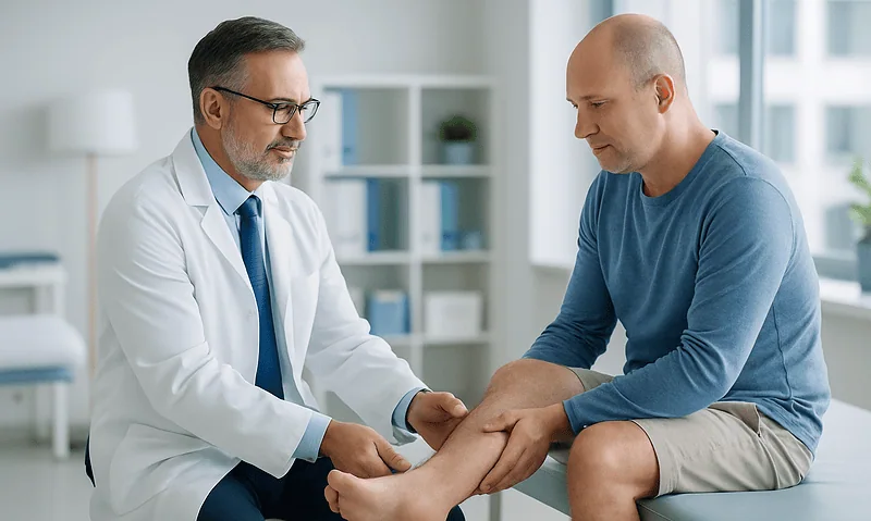 Doctor examining a patient's knee in a modern clinic setting.