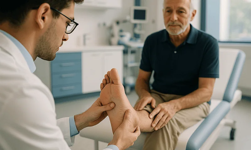 Doctor examining a patient's foot in a medical consultation room.