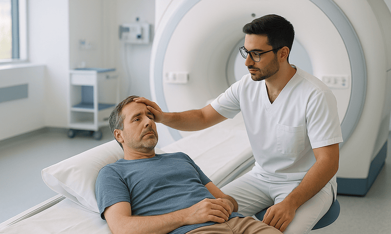 Doctor examining a patient in a hospital MRI room for cluster headache diagnosis.