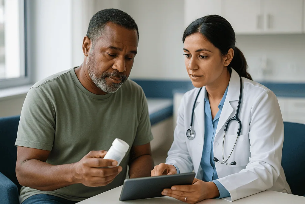 Doctor consulting patient with medication bottle: CML targeted therapy: how it works at the molecular level