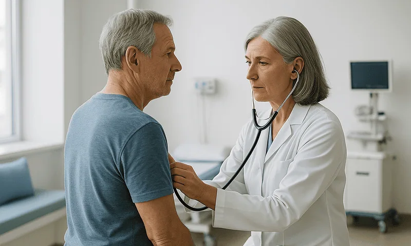 Doctor examining an elderly male patient with stethoscope in clinic.