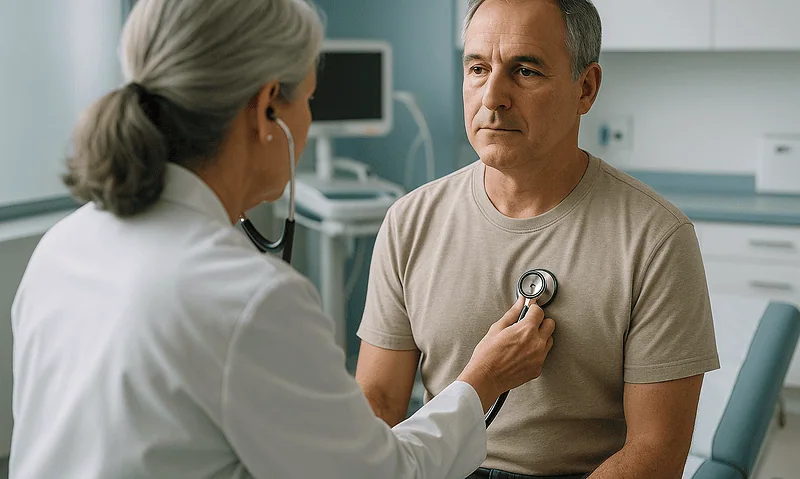 Doctor examining a patient with a stethoscope in a hospital room.