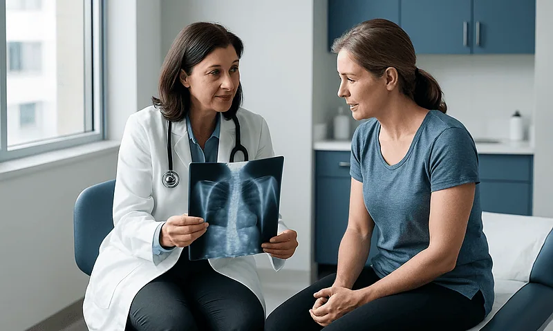Doctor explaining scoliosis X-ray to patient in clinic setting.