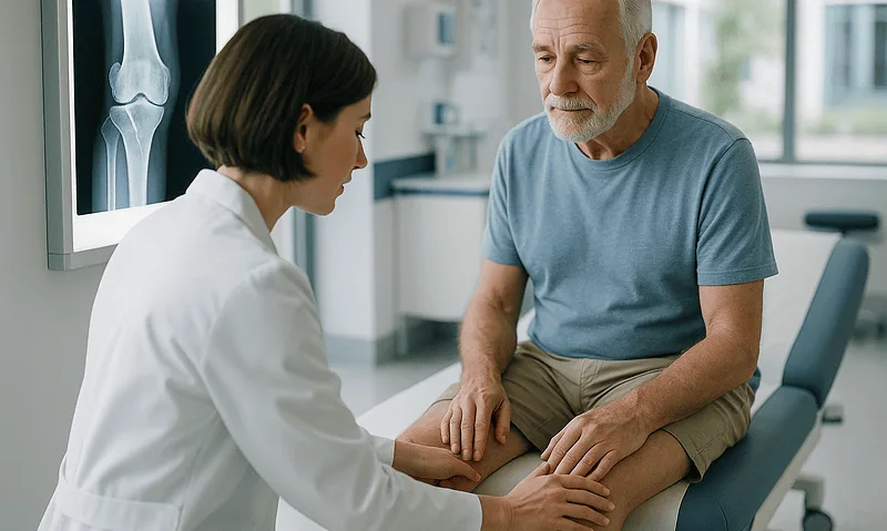 Doctor consulting with an elderly male patient about X-ray results in a hospital.