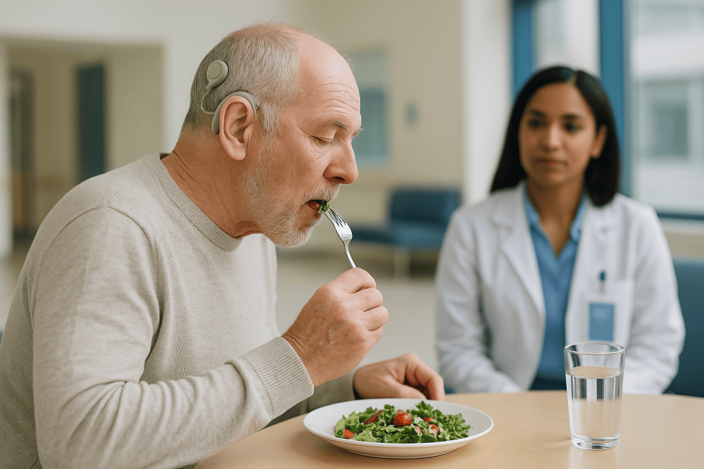 Older man eating salad while healthcare provider observes: Cochlear implant candidacy criteria: who is usually considered