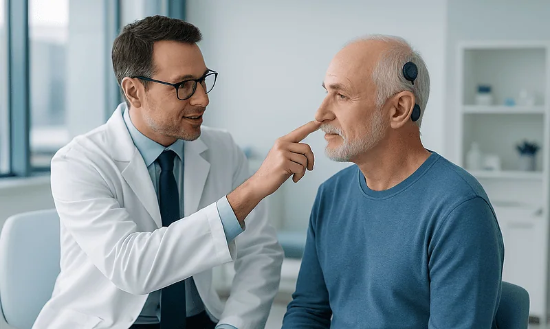 ENT specialist examines elderly patient's ear for cochlear implant assessment.