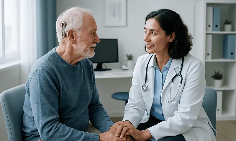 Doctor consulting with elderly patient about hearing loss treatment.