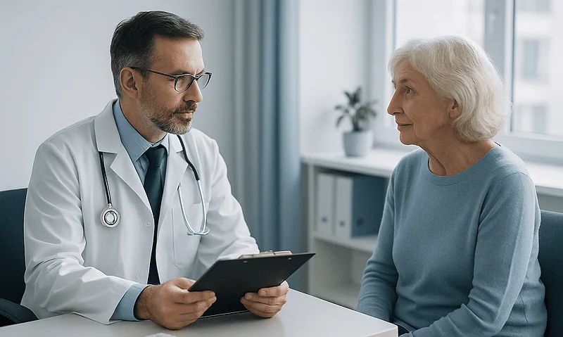 Doctor consulting with elderly woman in a medical office.