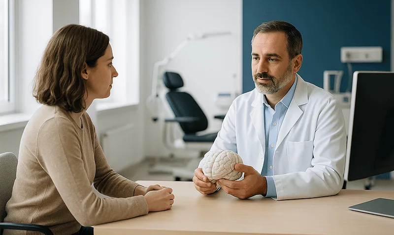 Doctor explaining brain health to a patient in a medical consultation.