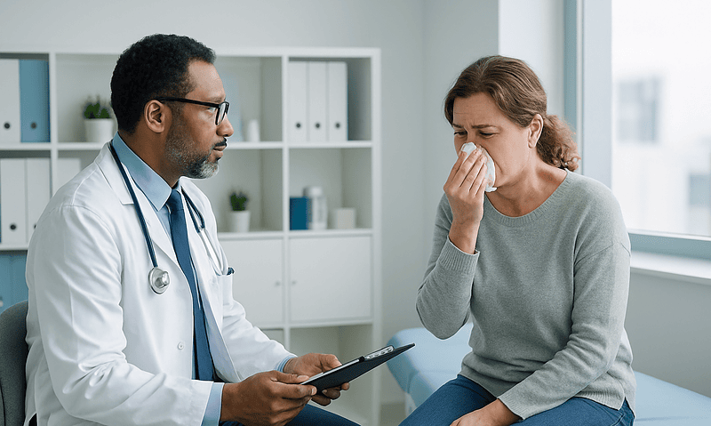 Doctor consulting with a woman about cold or sinus symptoms in a medical office.