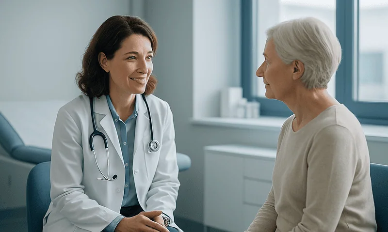 Doctor consulting with an elderly female patient in a modern clinic.