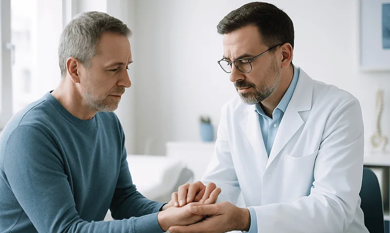Doctor examining patient's wrist in a medical consultation.