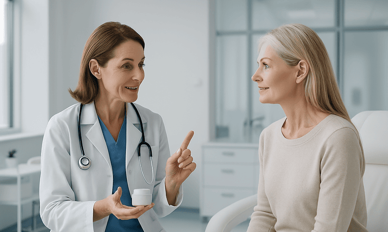 Doctor explaining treatment options to a patient in a clinic setting.