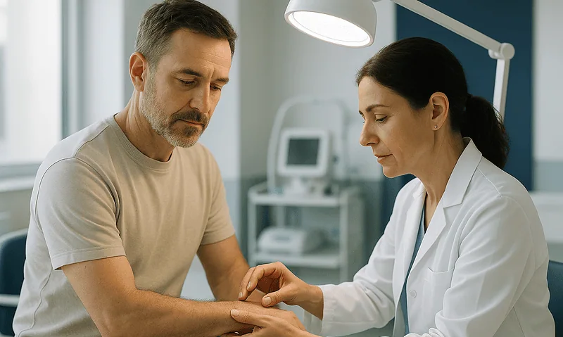 Doctor examining patient's wrist in a medical consultation room.