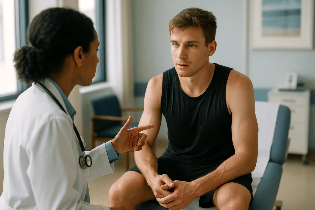 Doctor consulting with male patient in clinical setting: Collapsed lung in athletes: does exercise cause it?
