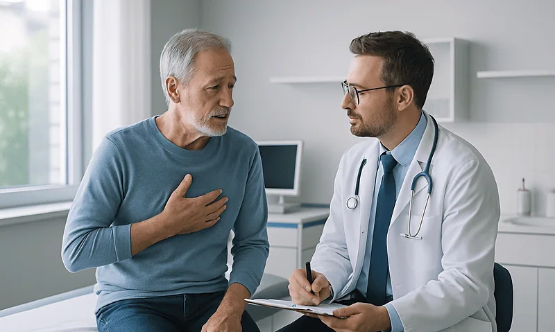 Doctor consulting with an elderly patient about health concerns in a hospital room.