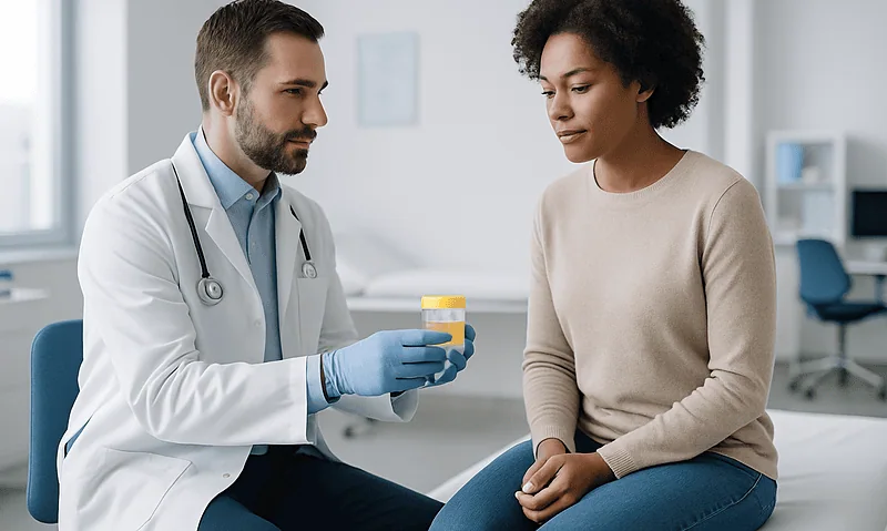 Blog 4 Doctor explaining urine sample collection to patient in clinic.