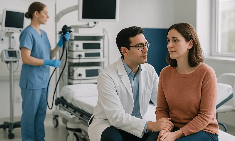 Doctor consulting a patient in a hospital room with medical equipment.