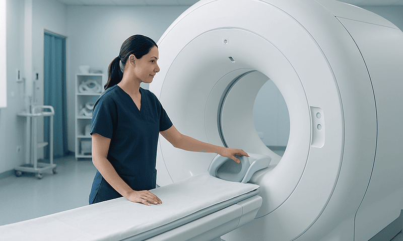 Medical technician prepares MRI scan in a modern hospital setting.