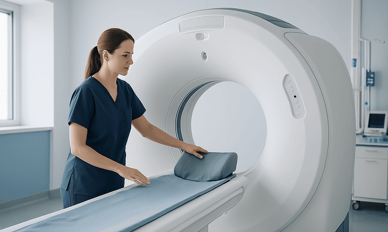 Medical professional prepares a CT scan machine in a hospital setting.