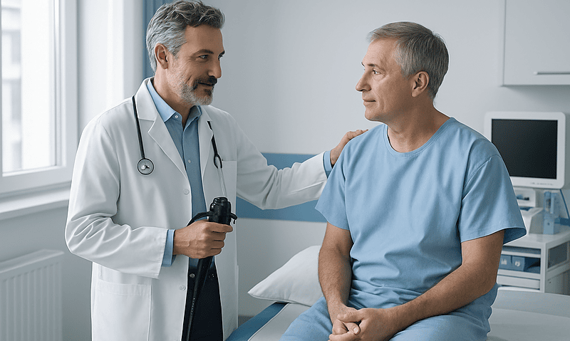 Doctor consulting with a patient in a hospital room.