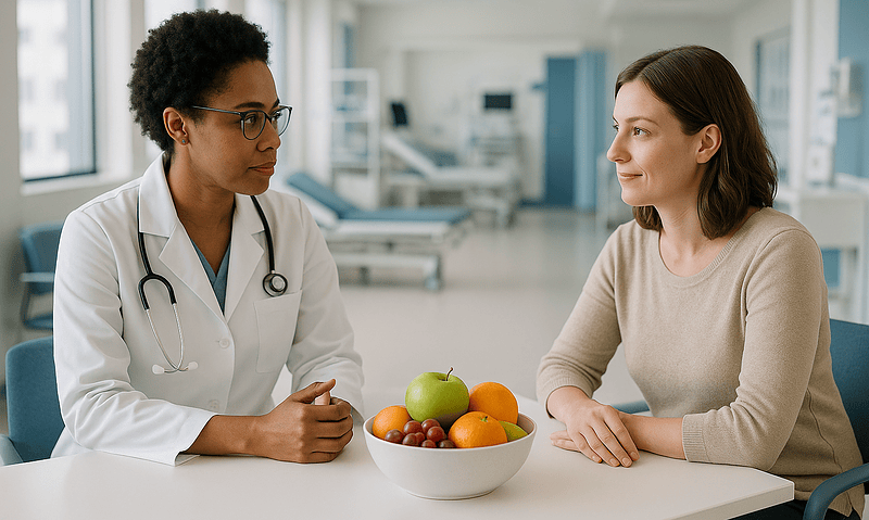 Doctor consulting with patient in hospital setting for colonoscopy procedure.
