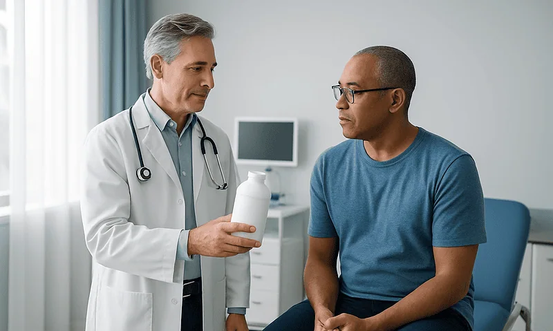 Doctor explaining medication to patient in clinic setting.