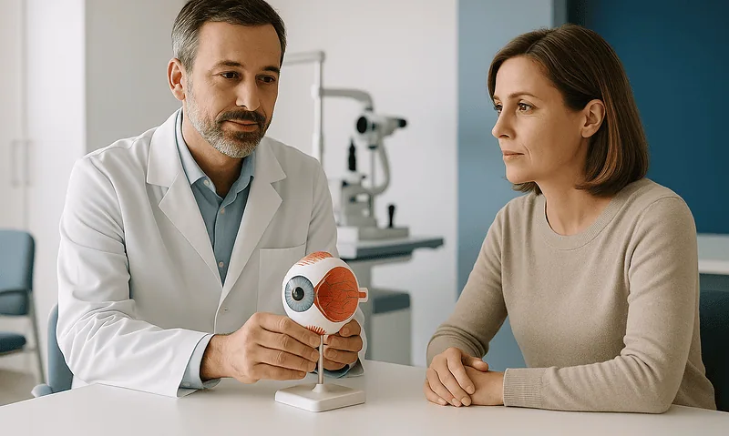 Ophthalmologist explains eye anatomy model to patient in clinic.