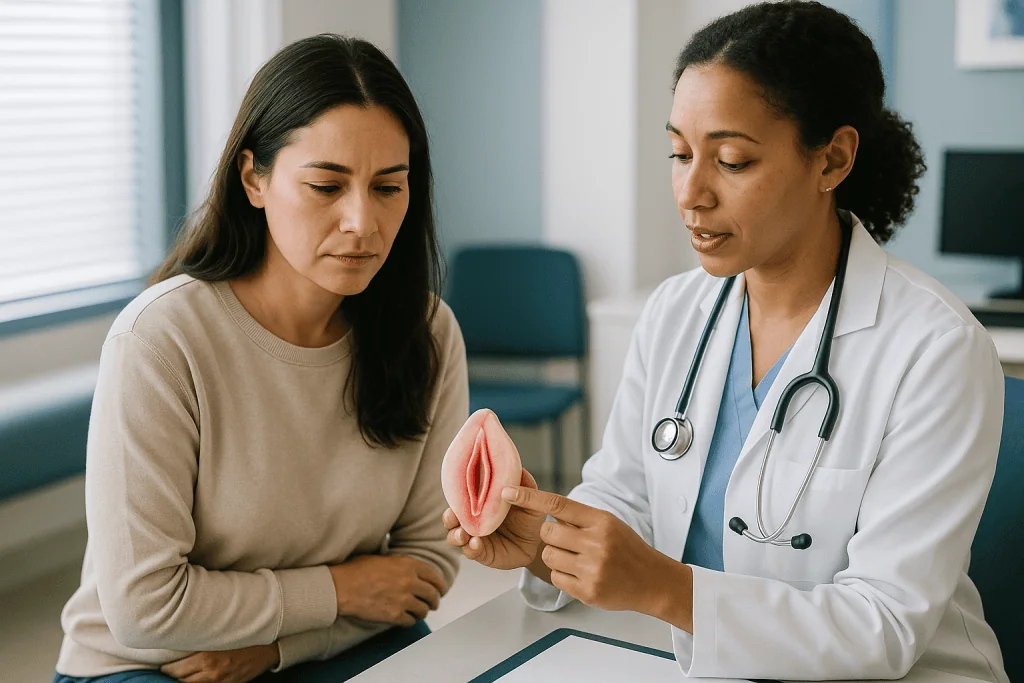 Female doctor consulting patient using anatomical model — Color: why trim and wedge leave a different border
