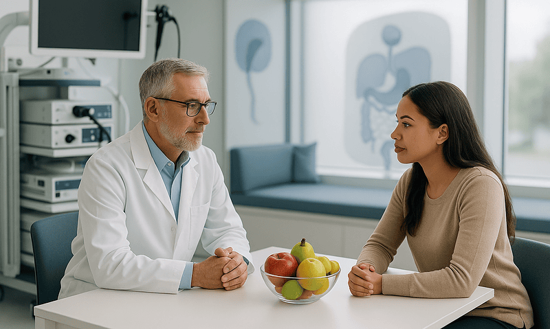 Doctor consulting with a patient in a medical office with digestive system diagram.