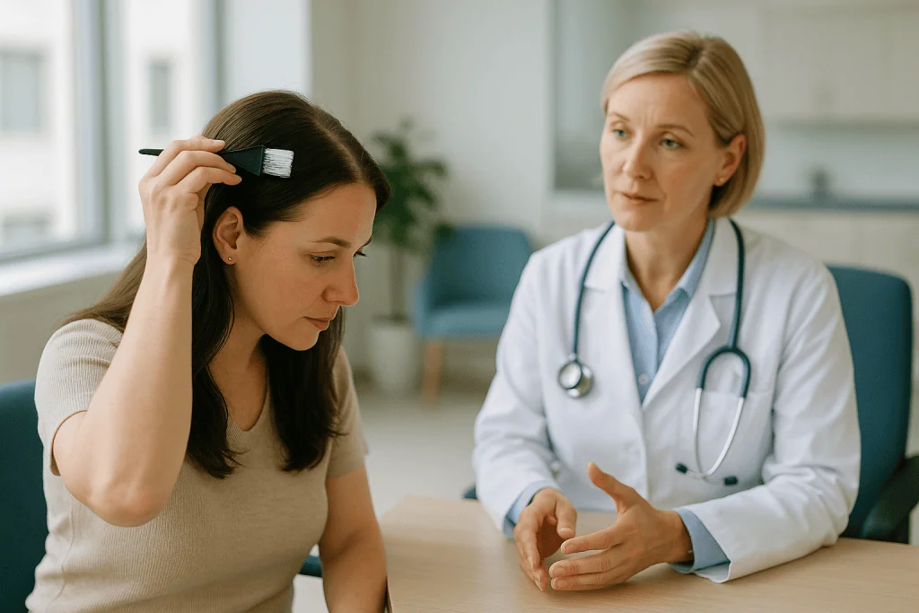 Doctor consulting patient about general health concern: Coloring hair after hair transplant: why the wait is about skin, not