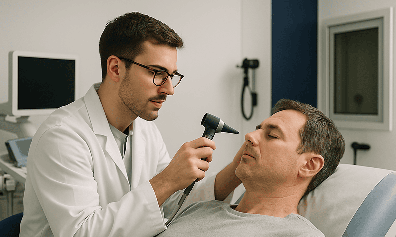 Doctor examining patient's throat with otoscope in hospital room.
