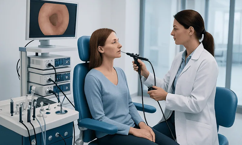 Doctor performs endoscopy on patient in a medical clinic setting.