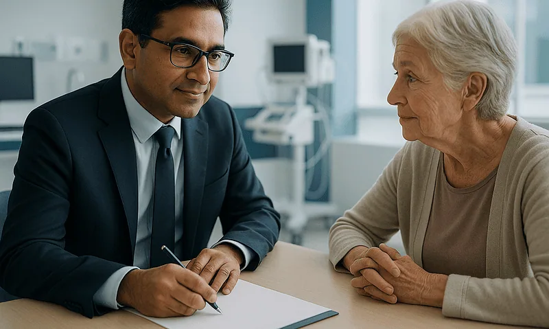 Doctor consulting with elderly patient in a medical office setting.