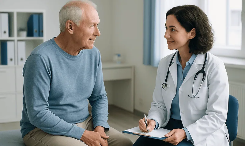 Doctor consulting with elderly patient in a medical office.