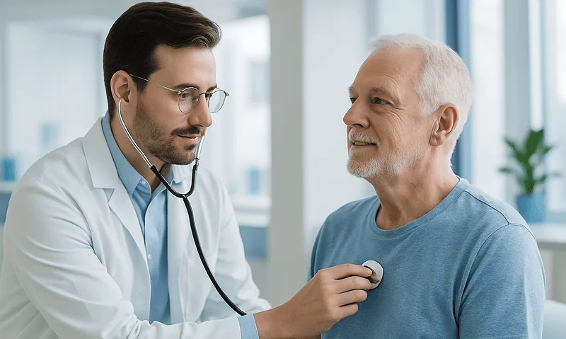Doctor examining an elderly male patient with a stethoscope in a modern clinic.