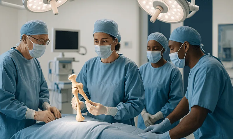 Surgeons in an operating room examining a bone model during surgery.