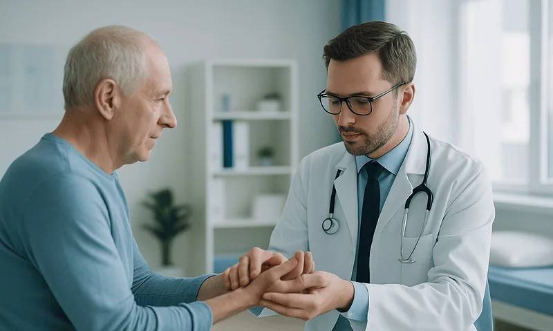 Doctor examining elderly patient's hand in a medical consultation room.
