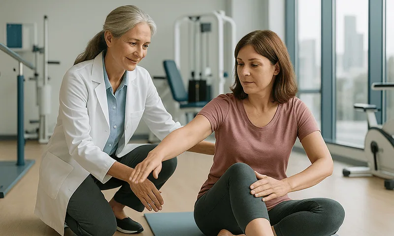 Physiotherapist examining a patient's arm in a modern clinic setting.