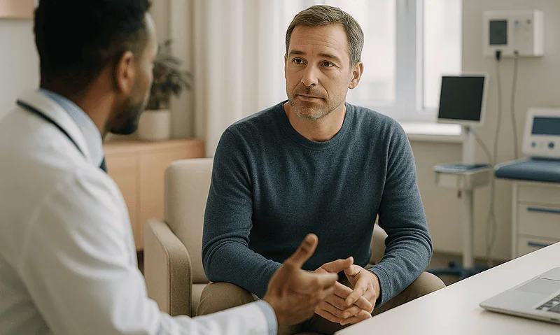 Therapist and patient having a consultation in a medical office.